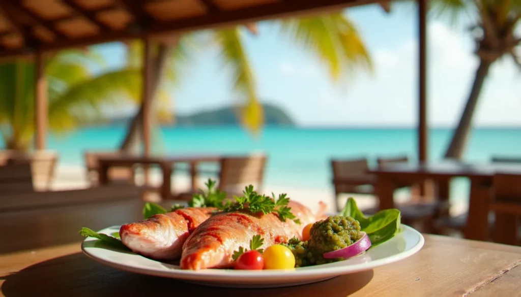 restaurant effet mer martinique featured Table de restaurant effet mer en Martinique avec vue sur la mer des Caraïbes turquoise, un plat de vivaneau frais au premier plan