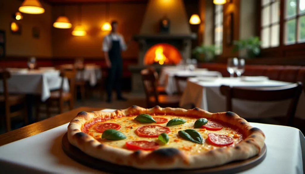 restaurant francesca beauvais avis featured Intérieur chaleureux d'un restaurant italien à Beauvais, avec tables en bois, éclairage tamisé et pizza sortant du four — ambiance du restaurant Francesca Beauvais