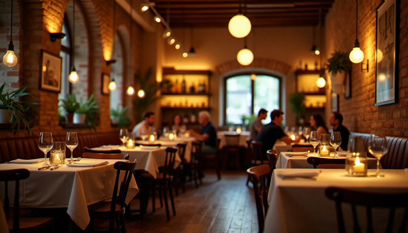 Salle intérieure d'un restaurant italien chaleureux avec tables en bois, nappes blanches et murs en brique apparente, ambiance conviviale typique d'une trattoria