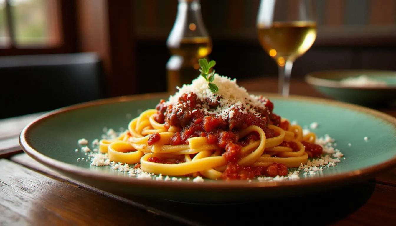Assiette de tagliatelles maison dressée avec soin sur une table en bois rustique, sauce généreuse et parmesan râpé, dans l'ambiance d'un restaurant italien authentique