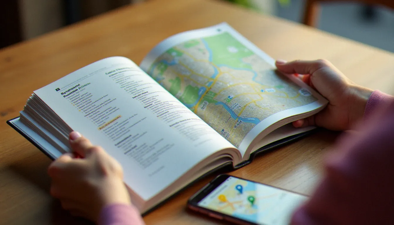 Mains tenant un guide de voyage ouvert sur des fiches restaurants, posé à côté d'un smartphone affichant une carte de géolocalisation pour trouver un restaurant Guide du Routard autour de soi