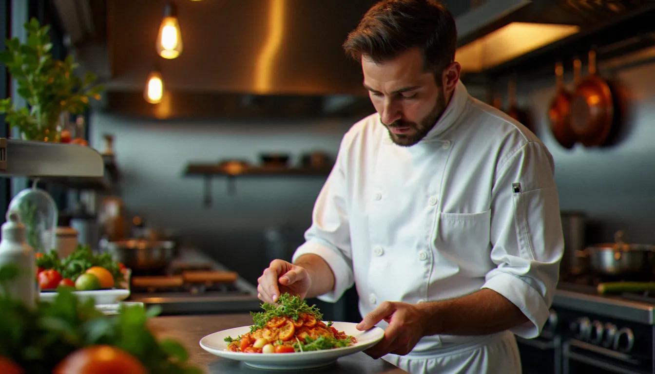 Chef cuisinier en tablier blanc dressant une assiette de cuisine provençale dans une cuisine ouverte, illustrant l'authenticité recherchée dans les restaurants sélectionnés par le Guide du Routard