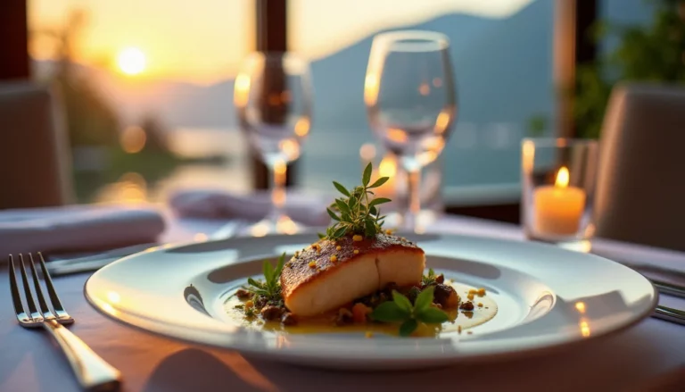 Intérieur d'un restaurant gastronomique étoilé à Annecy avec vue sur le lac, table dressée et assiette de chef inspirée des produits du lac d'Annecy