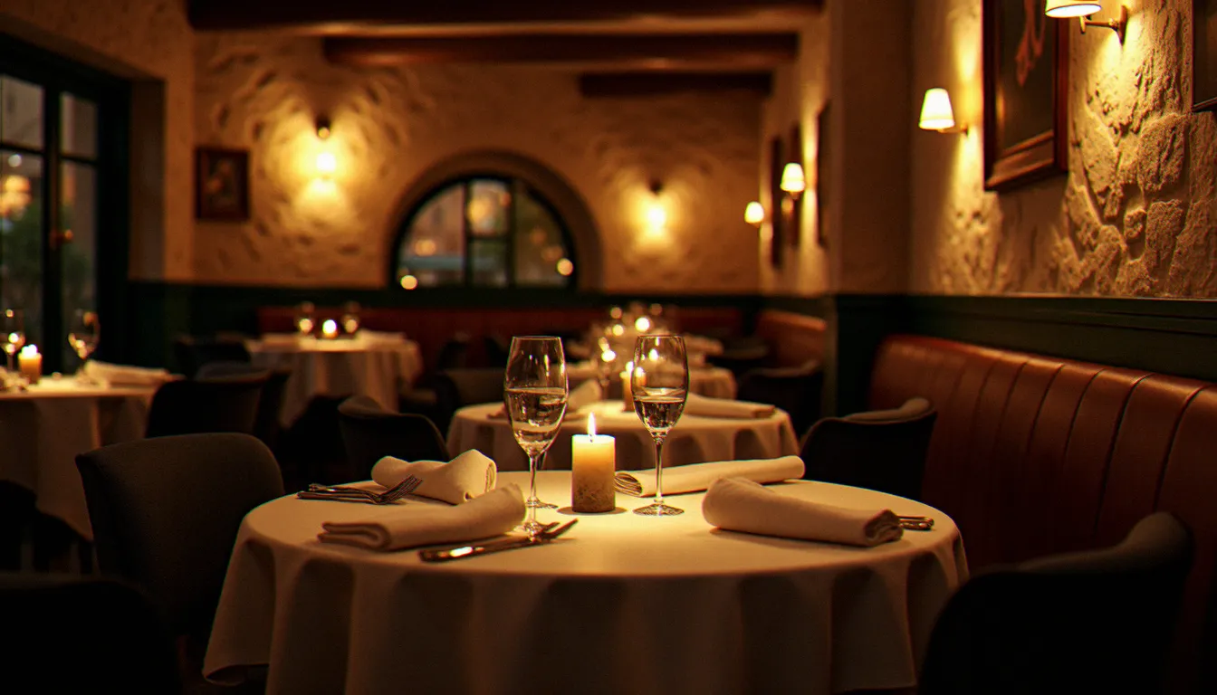 Salle d'un bistrot français étoilé Michelin avec ambiance chaleureuse et table dressée pour un dîner gastronomique