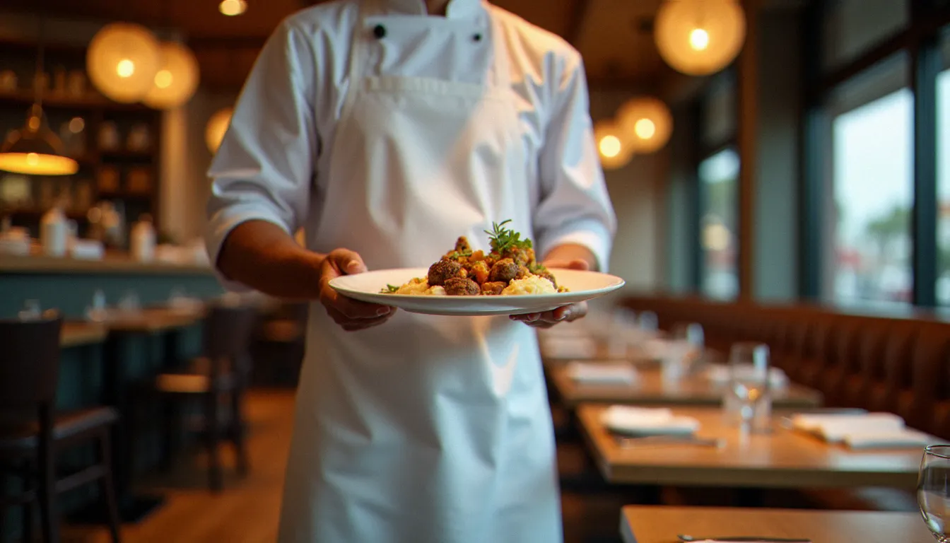 Chef présentant un plat gastronomique dans un restaurant sélectionné par le guide Michelin autour de lui