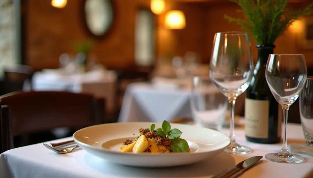 restaurant guide michelin grenoble featured Salle de restaurant gastronomique à Grenoble avec dressage raffiné, évoquant les tables du Guide Michelin dans les Alpes françaises