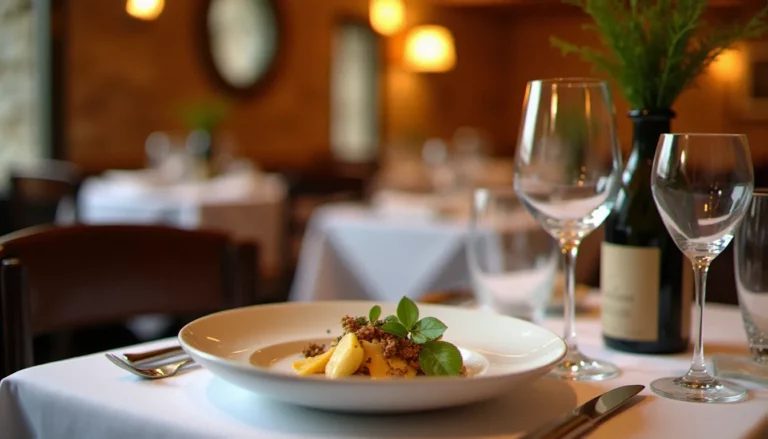 Salle de restaurant gastronomique à Grenoble avec dressage raffiné, évoquant les tables du Guide Michelin dans les Alpes françaises