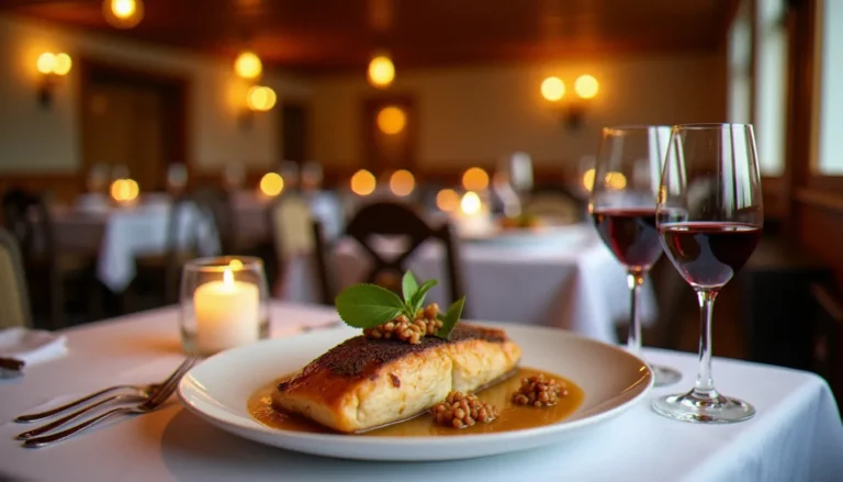 Salle de restaurant gastronomique en Isère avec décor montagnard, table dressée et assiette de truite locale — ambiance restaurant guide Michelin Isère