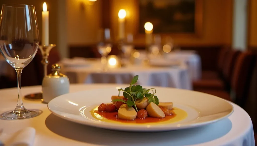 restaurant guide michelin lyon featured Salle de restaurant gastronomique étoilé Michelin à Lyon avec tables dressées et plat signature, ambiance chaleureuse et élégante