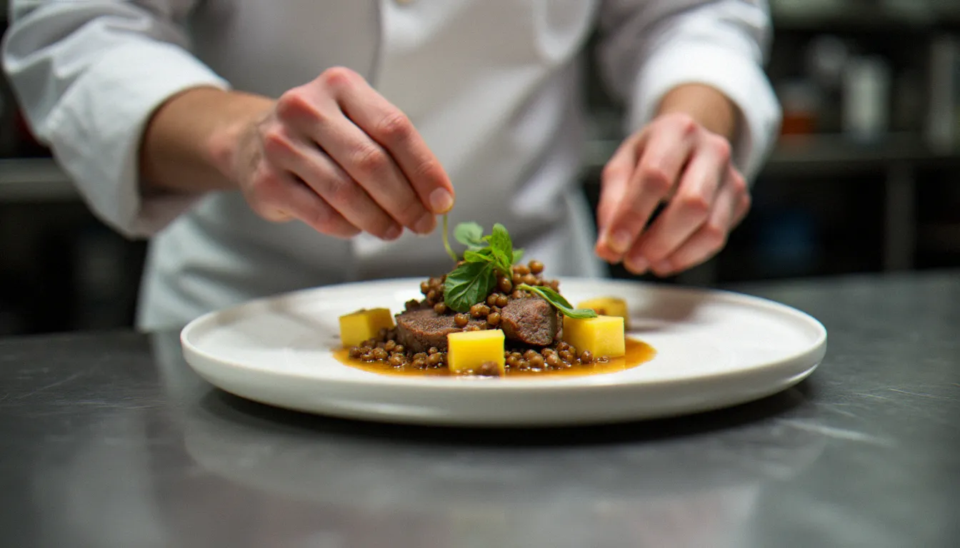 Chef en cuisine dans un restaurant étoilé du Puy-de-Dôme, dressage d'une assiette mettant en valeur les produits du terroir auvergnat