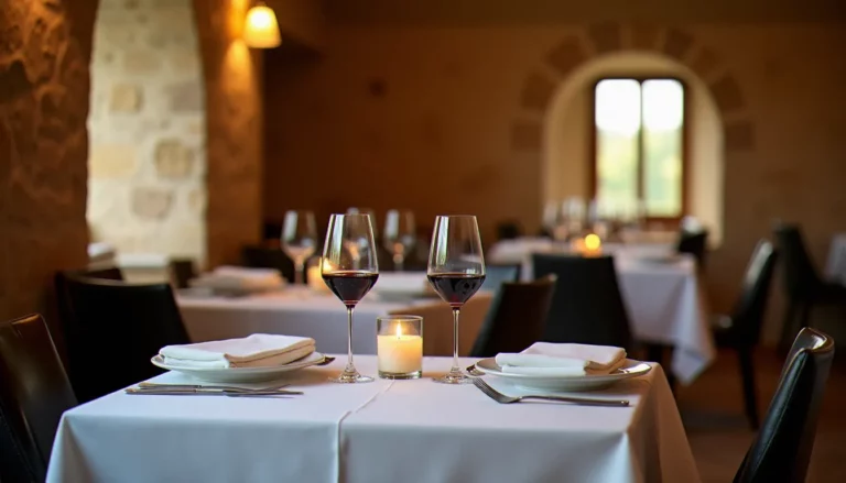 Table dressée avec élégance dans un restaurant gastronomique du Puy-de-Dôme, cadre en pierre volcanique typique de l'Auvergne
