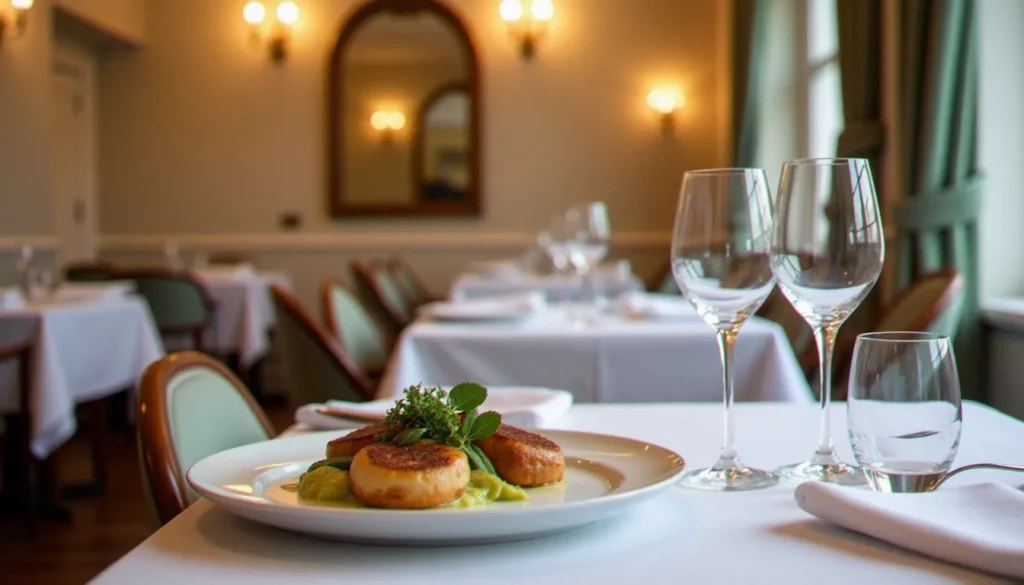restaurant guide michelin vichy featured Salle de restaurant gastronomique à Vichy avec nappe blanche, éclairage chaleureux et assiette dressée avec soin, évoquant les tables du guide Michelin à Vichy