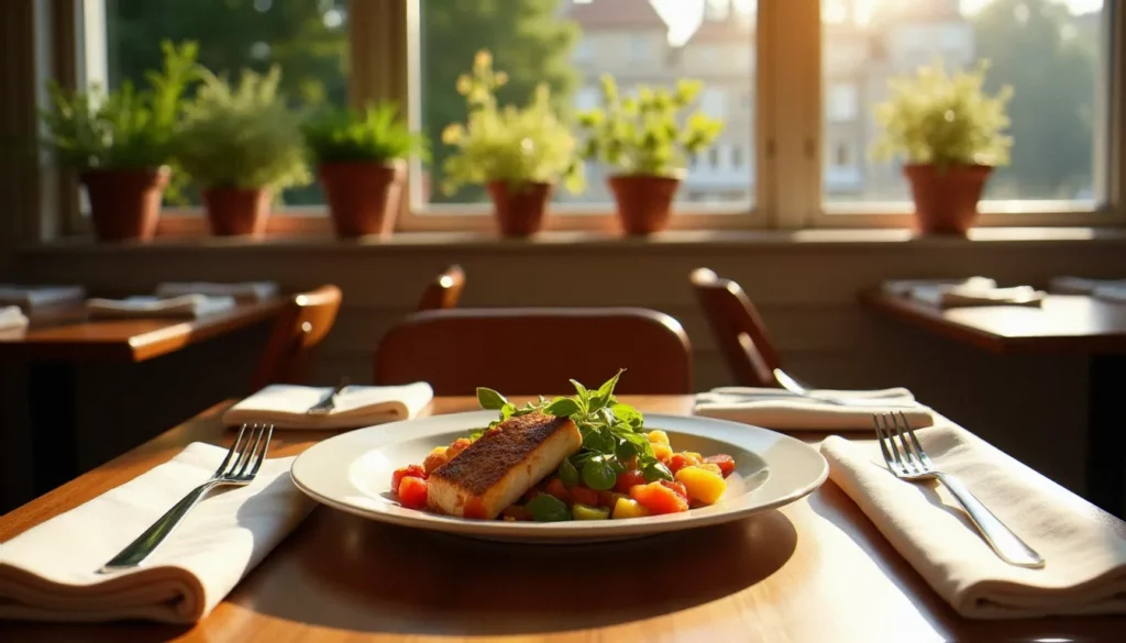 restaurant naturellement paris 15 featured Table dressée dans un restaurant naturel du 15e arrondissement de Paris avec des légumes de saison et du poisson grillé, lumière naturelle tamisée