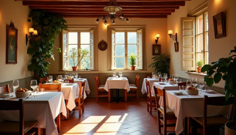 Intérieur chaleureux d'un restaurant de quartier à Bollène avec tables en bois, sol en tomettes et lumière provençale tamisée