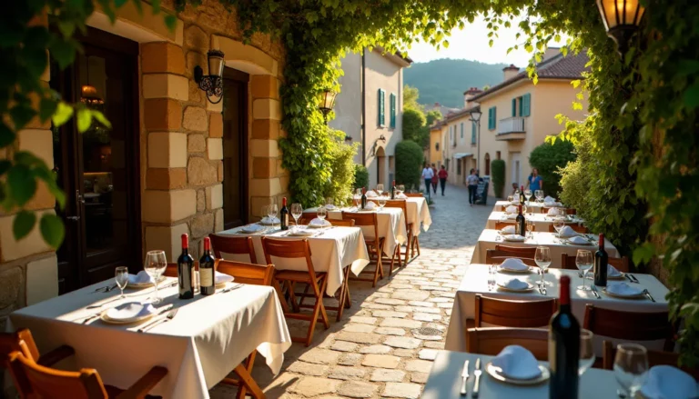 Terrasse ensoleillée du restaurant Pourquoi Pas à Capestang, avec tables dressées et murs en pierre typiques du village héraultais