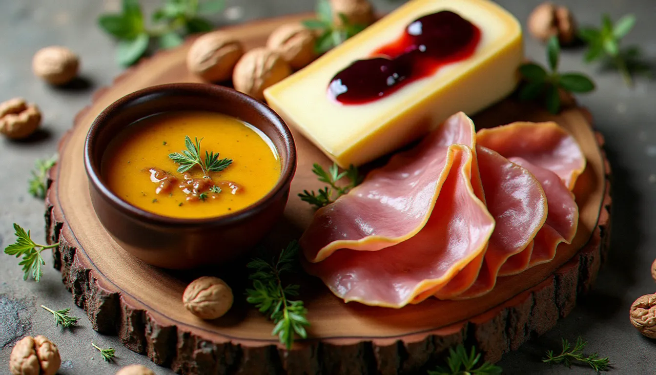 Présentation rustique des spécialités béarnaises : garbure en bol céramique, fromage Ossau-Iraty avec confiture de cerise noire et tranches de jambon de Bayonne sur plateau en bois