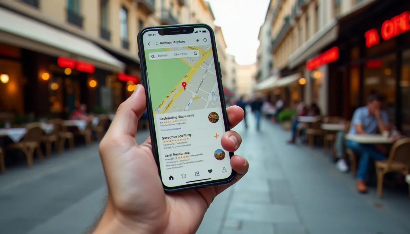 Personne utilisant son smartphone pour rechercher un restaurant prix raisonnable autour d'elle dans une rue commerçante française