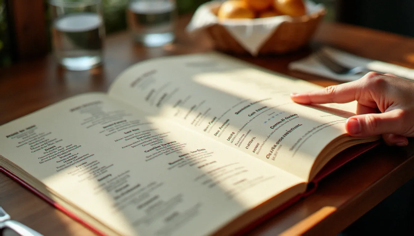 Menu de restaurant ouvert sur une table en bois avec grille de prix et formules déjeuner, main pointant un plat pour calculer l'addition à l'avance