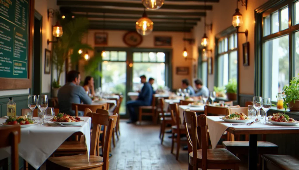 restaurant prix raisonnable autour de moi featured Salle de restaurant bistrot français à prix raisonnable avec tables en bois, ardoise de menu et clients locaux au déjeuner