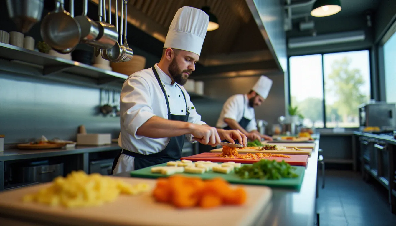 Cuisine de restaurant professionnelle avec chef préparant un plat sans gluten sur une planche à découper dédiée, ustensiles séparés visibles en arrière-plan