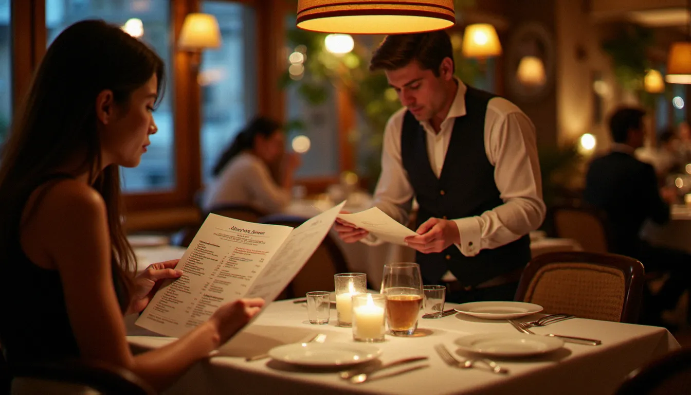 Client en train de consulter une carte de restaurant avec indications allergènes claires, discutant avec un serveur attentif dans un cadre de bistrot chaleureux