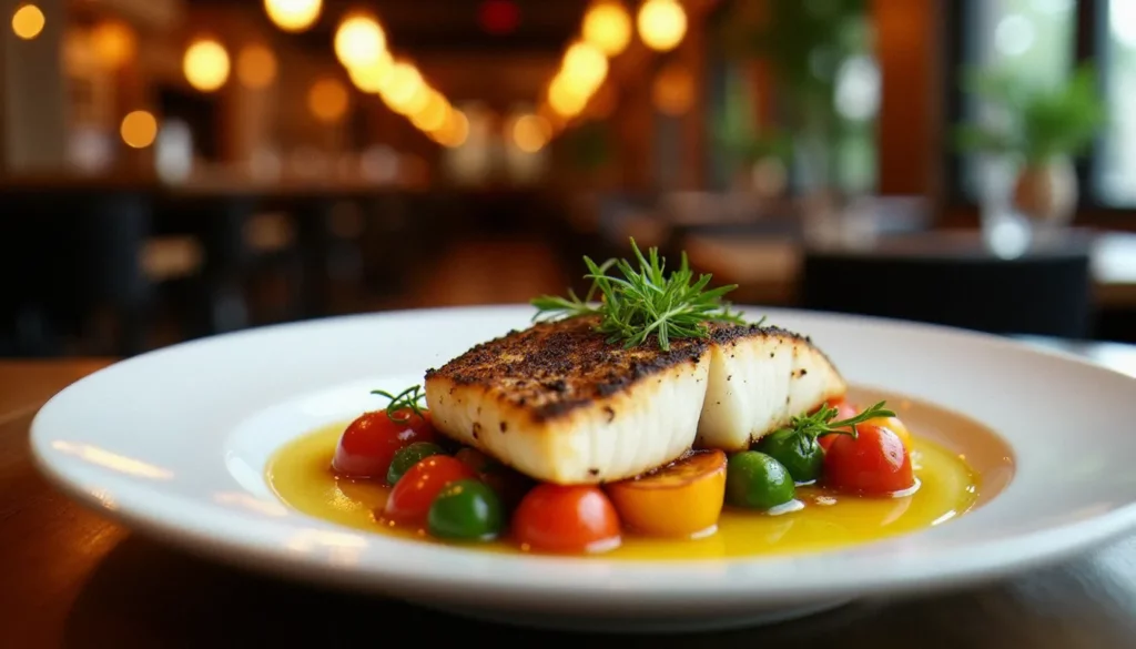 restaurant sans gluten autour de moi featured Assiette de restaurant sans gluten autour d'une table en bois avec poisson grillé et légumes méditerranéens, cadre de restaurant chaleureux en arrière-plan