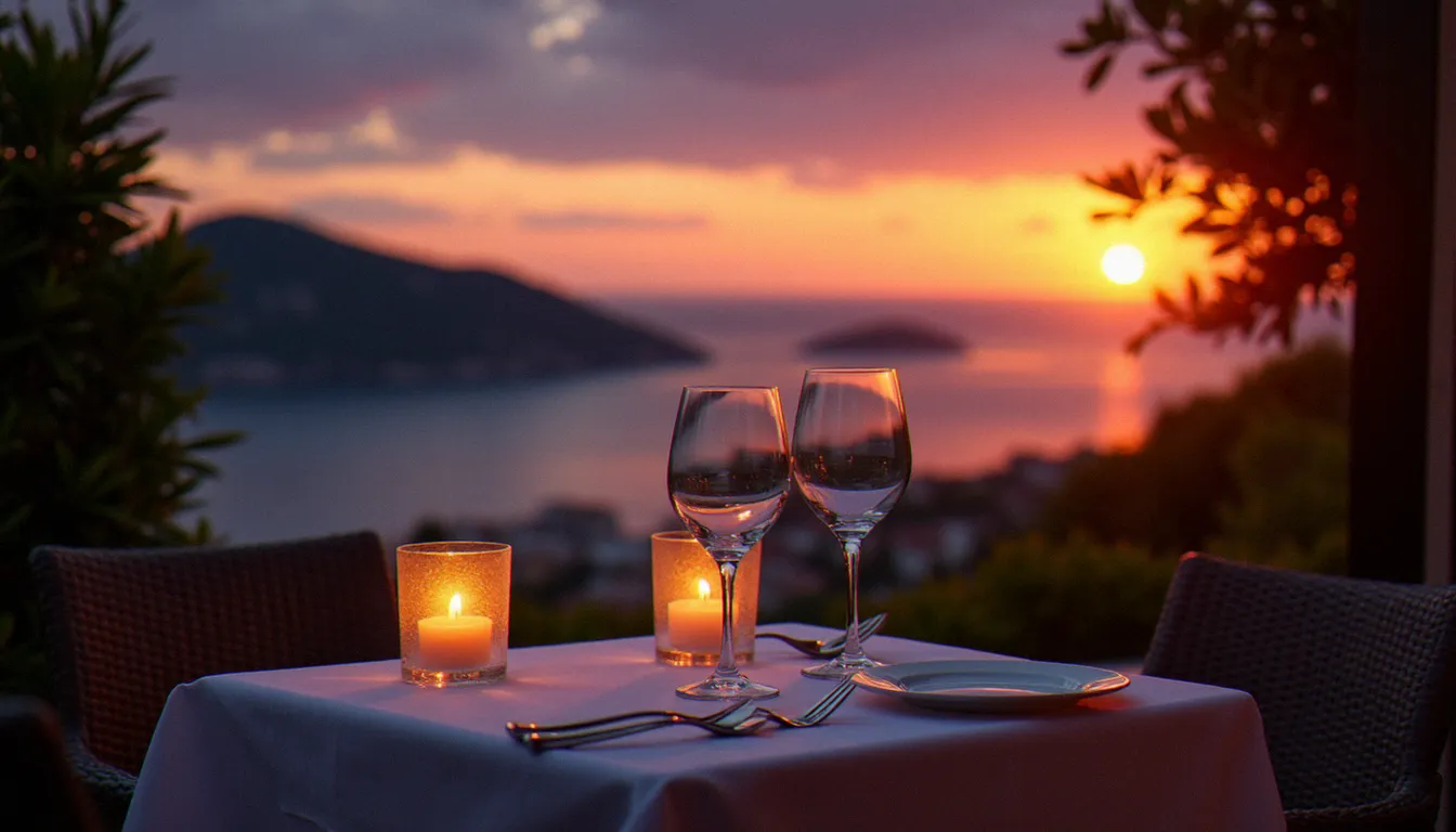 Table dressée pour deux personnes sur une terrasse à vista à Ajaccio face aux Iles Sanguinaires au coucher du soleil
