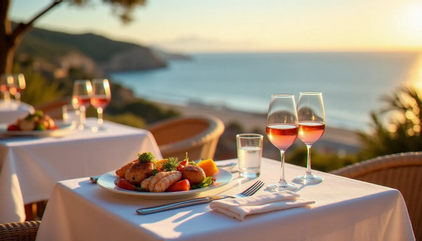 Terrasse d'un restaurant à vista à Ajaccio avec vue panoramique sur le golfe au coucher du soleil, table dressée avec des spécialités corses
