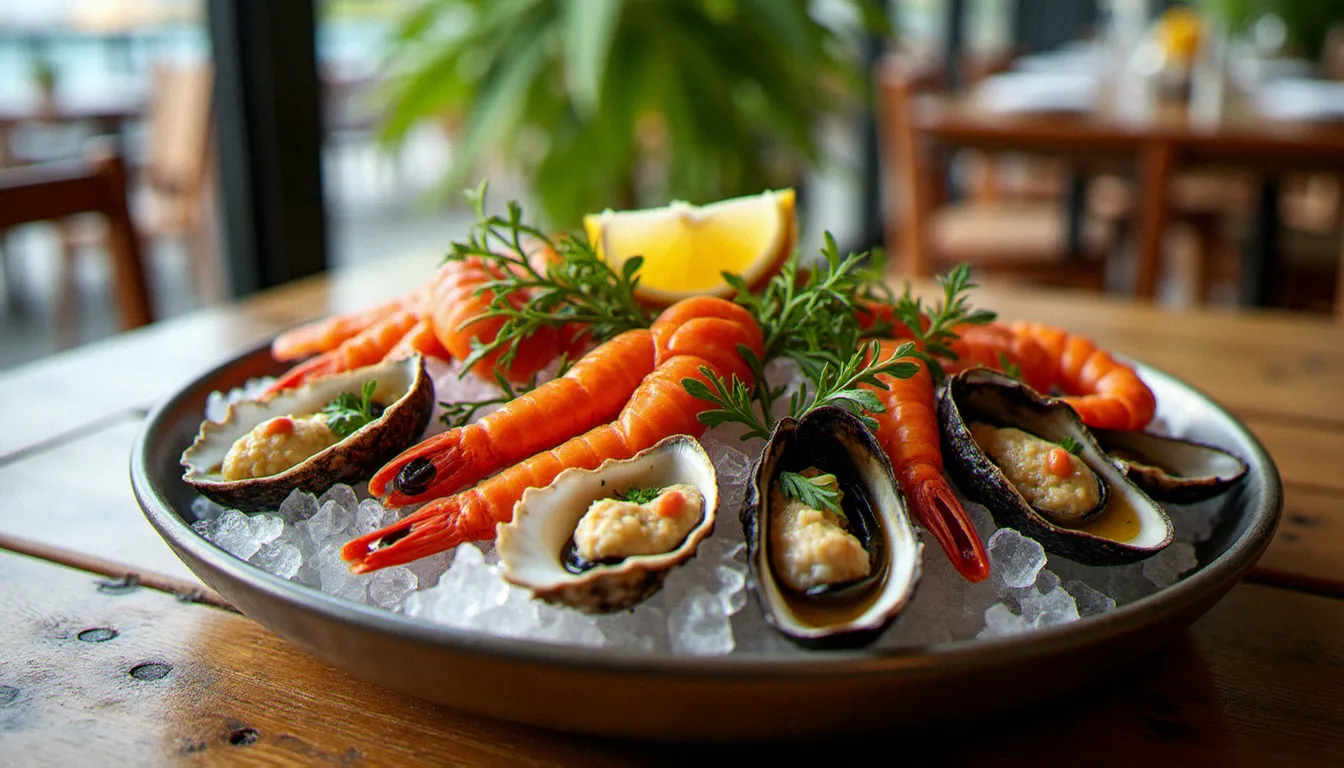 Plateau de fruits de mer méditerranéens avec oursins, huîtres et crevettes fraîches sur glace pilée, servi dans un restaurant de bord de mer varois