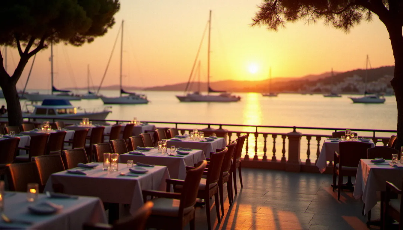 Terrasse de restaurant face à la mer au coucher du soleil au Lavandou, vue sur le port de plaisance et les voiliers dans la lumière dorée du soir