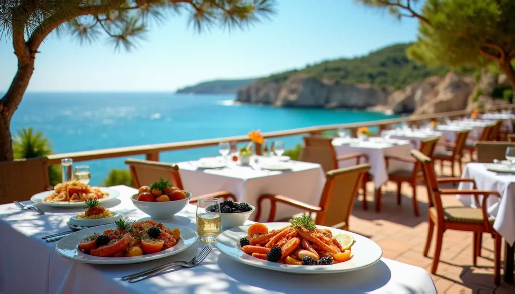 restaurant effet mer le lavandou featured Terrasse ensoleillée du restaurant Effet Mer au Lavandou avec vue sur la mer Méditerranée et plateau de fruits de mer en premier plan