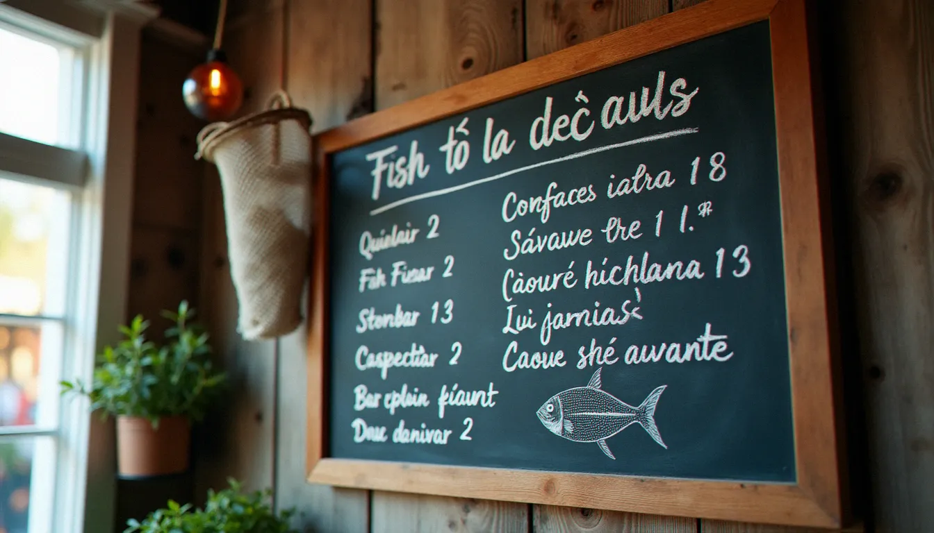 Ardoise de restaurant effet mer à Vichy indiquant les poissons frais du jour, posée contre un mur en bois avec un filet de pêche décoratif