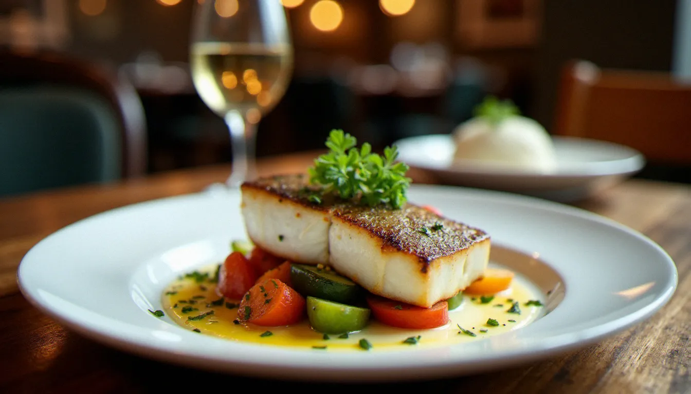 Filet de bar poêlé dressé dans l'assiette avec légumes de saison et beurre blanc aux herbes, servi dans un restaurant à effet mer dans l'Allier