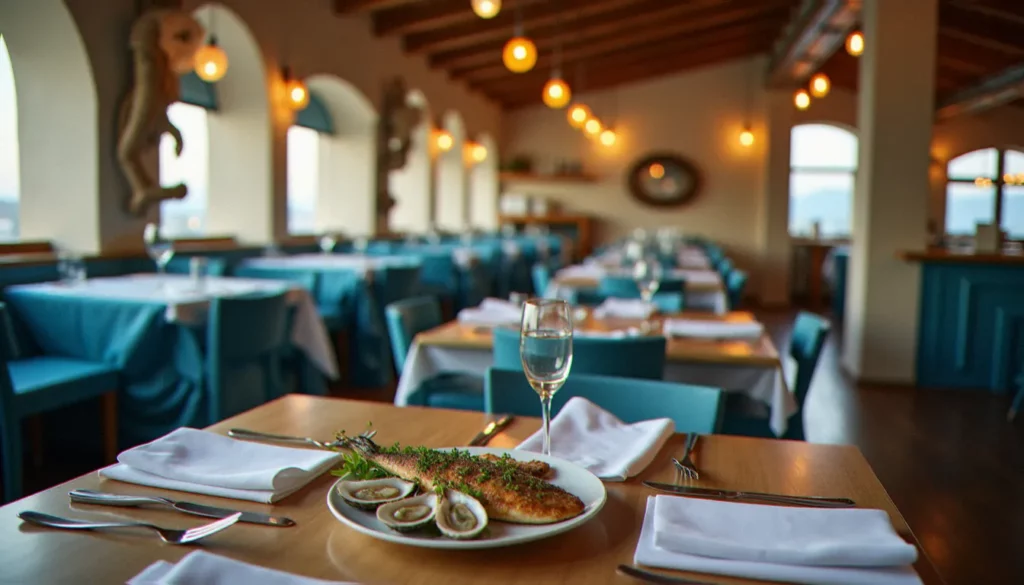 restaurant effet mer vichy 03 featured Salle d'un restaurant effet mer à Vichy avec décoration marine en bois flotté, filets et teintes bleues, table dressée avec des huîtres fraîches et un poisson grillé