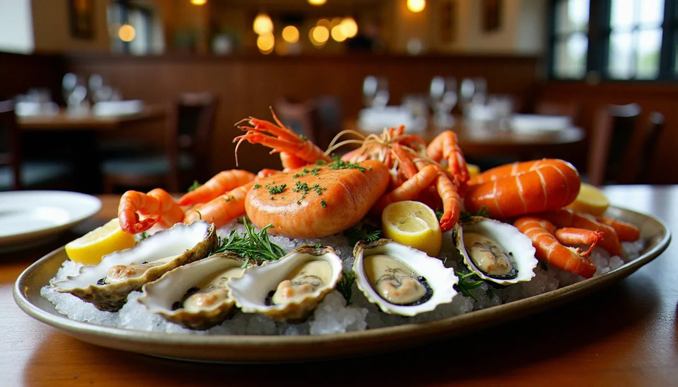 Plateau de fruits de mer avec huîtres, langoustines et crevettes sur lit de glace pilée, servi dans un restaurant à l'ambiance marine