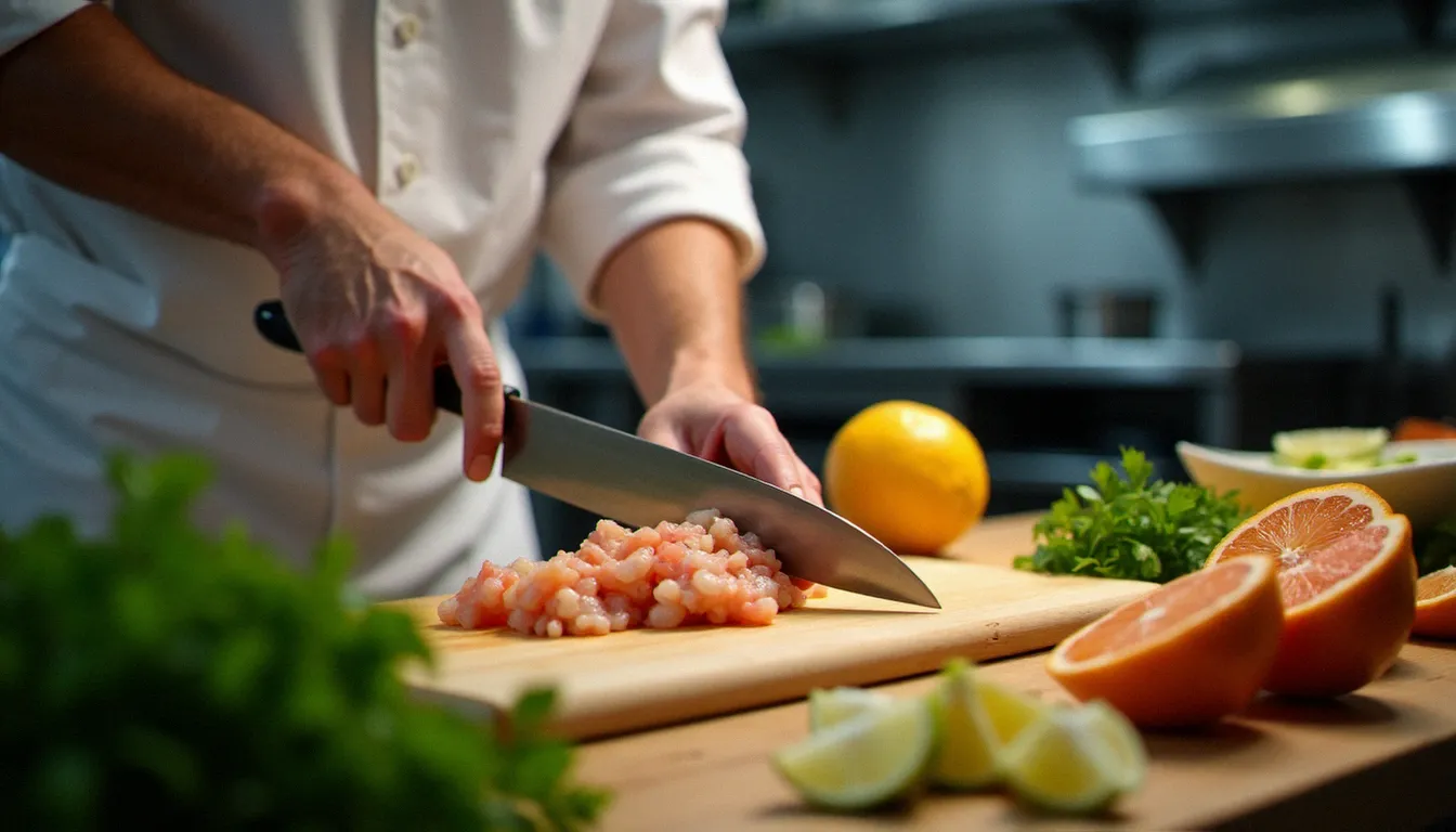 Chef en cuisine préparant un ceviche de daurade fraîche, travail de découpe précis avec herbes et agrumes sur le plan de travail