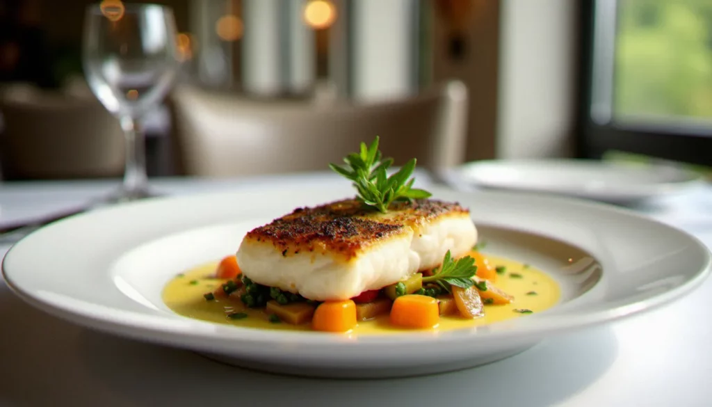 restaurant effet mer vichy menu featured Assiette de bar grillé avec légumes de saison dans un restaurant effet mer à Vichy, présentation soignée sur nappe blanche