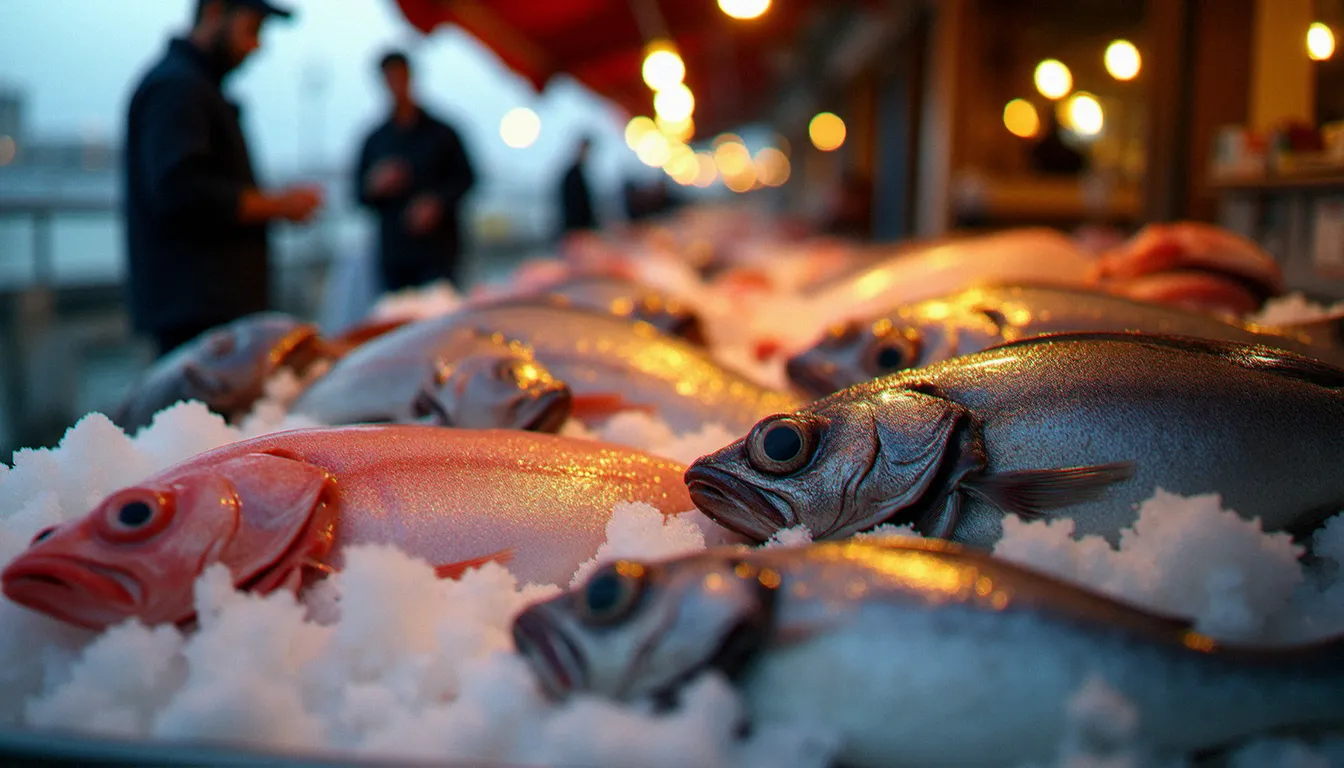 Étal de marché au poisson à Marseille avec rascasses, saint-pierre et vives fraîches sur glace au lever du jour