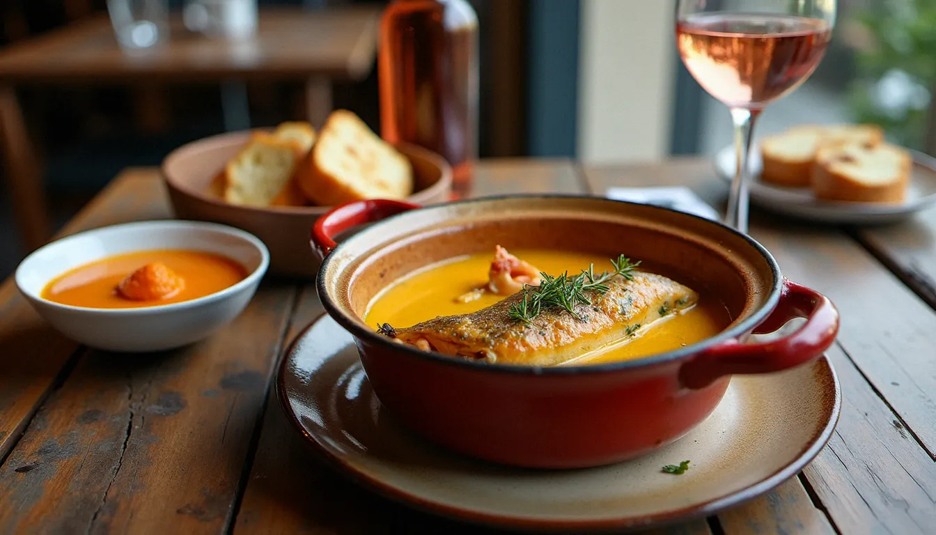 Bouillabaisse traditionnelle marseillaise servie en cocotte avec rascasse entière, bouillon safran et rouille maison dans un restaurant méditerranéen