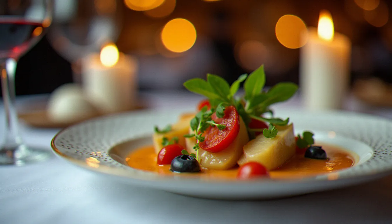 Assiette gastronomique française dressée avec précision dans un restaurant meilleur ouvrier de france à Paris, sauce brillante et légumes taillés au cordeau sur nappe blanche