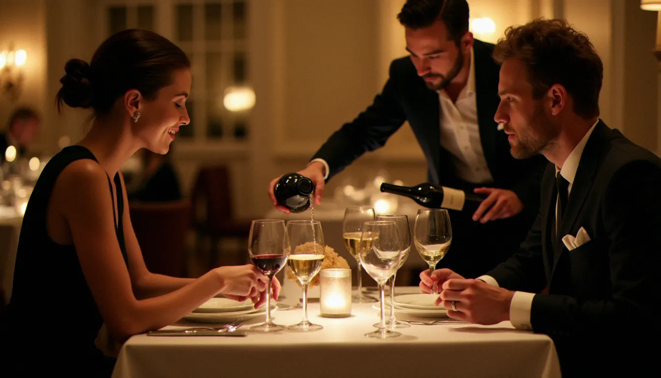 Couple dînant dans un restaurant gastronomique parisien MOF, sommelier servant le vin, ambiance chaleureuse et feutrée en salle