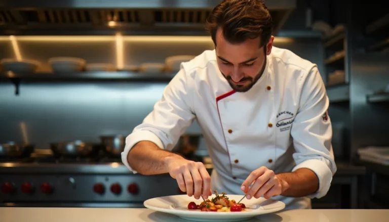 Chef Meilleur Ouvrier de France en cuisine dans un restaurant parisien, dressant une assiette gastronomique avec précision, col tricolore visible sur sa veste blanche