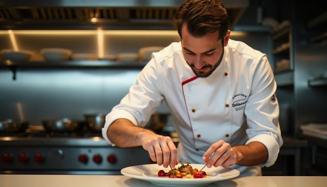 Chef Meilleur Ouvrier de France en cuisine dans un restaurant parisien, dressant une assiette gastronomique avec précision, col tricolore visible sur sa veste blanche