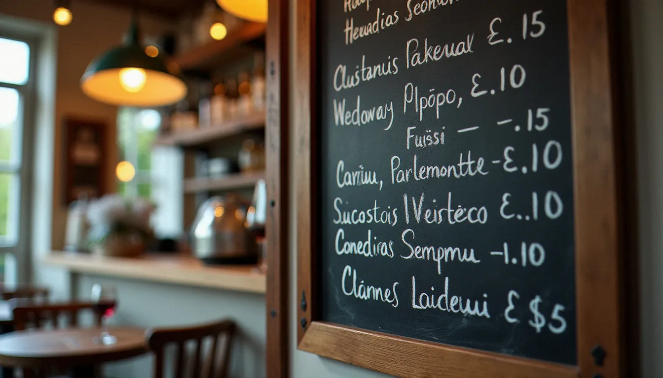 Ardoise de menu manuscrite dans un restaurant parisien avec suggestions du jour, verre de vin rouge au premier plan