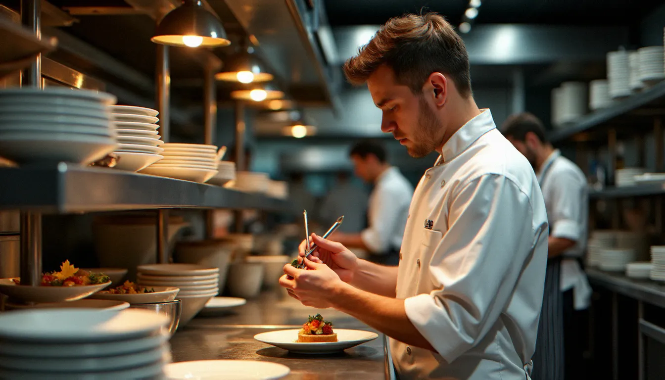 Chef dressant une assiette dans une cuisine ouverte de néo-bistrot parisien, ambiance de service intense avec brigade en arrière-plan