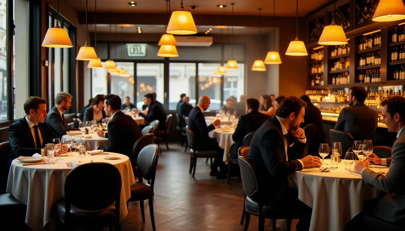 Salle de restaurant animée à Paris le soir, lumière dorée, tables rondes en marbre et chaises bistrot, service en cours — illustration du meilleur restaurant Paris