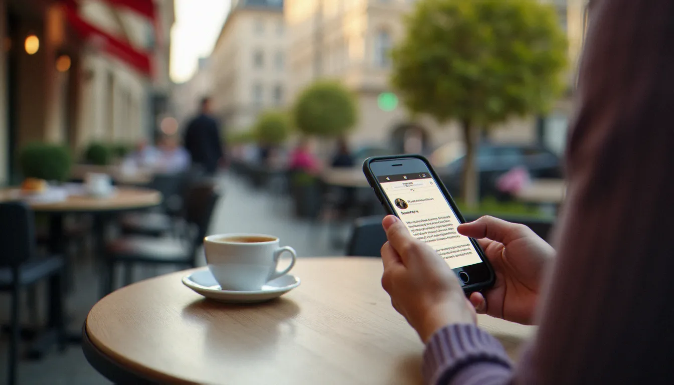 Une personne consulte des avis de restaurants sur son smartphone en terrasse de café pour choisir le meilleur rapport qualité prix