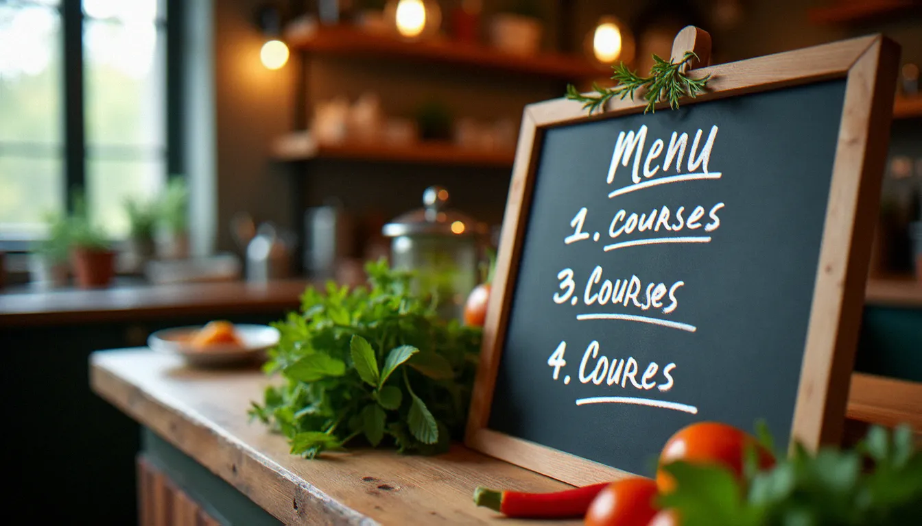Ardoise de menu du jour dans un restaurant français avec une carte courte, légumes frais posés sur une surface en bois, symbole d'un bon rapport qualité-prix