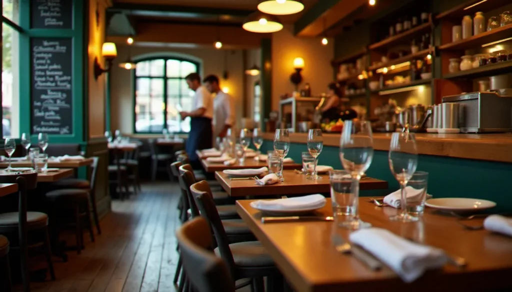 restaurant meilleur rapport qualite prix autour de moi featured Intérieur d'un bistrot français animé le soir, tables en bois dressées simplement, menu ardoise au mur — restaurant meilleur rapport qualité prix autour de moi