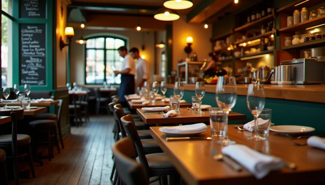 Intérieur d'un bistrot français animé le soir, tables en bois dressées simplement, menu ardoise au mur — restaurant meilleur rapport qualité prix autour de moi